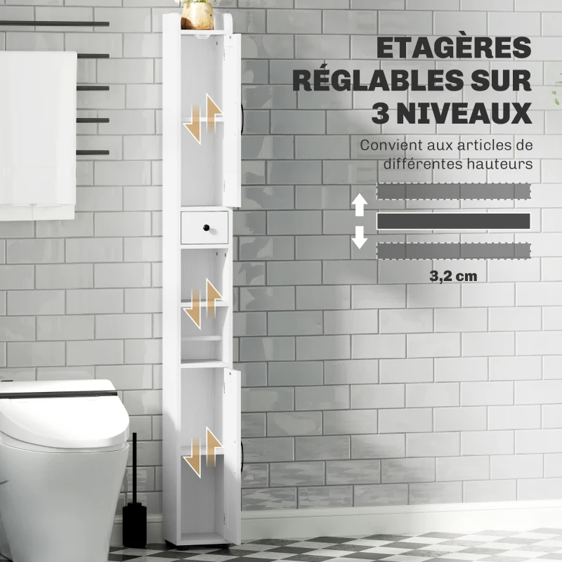 HOMCOM Armoire salle de bain haute, meuble de rangement colonne, 2 portes, tiroir, étagères réglables, 20x20x185cm, blanc