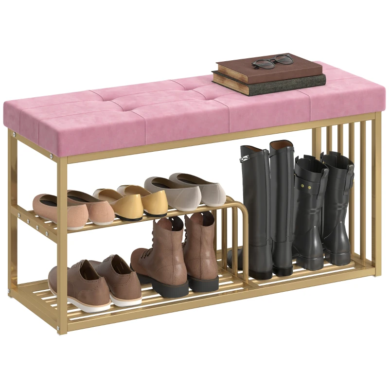 HOMCOM Bench and Shoe Storage, Tufted Shoe Storage Bench with Velvet Seat Cushion Gold Steel Frame for Entryway, Pink