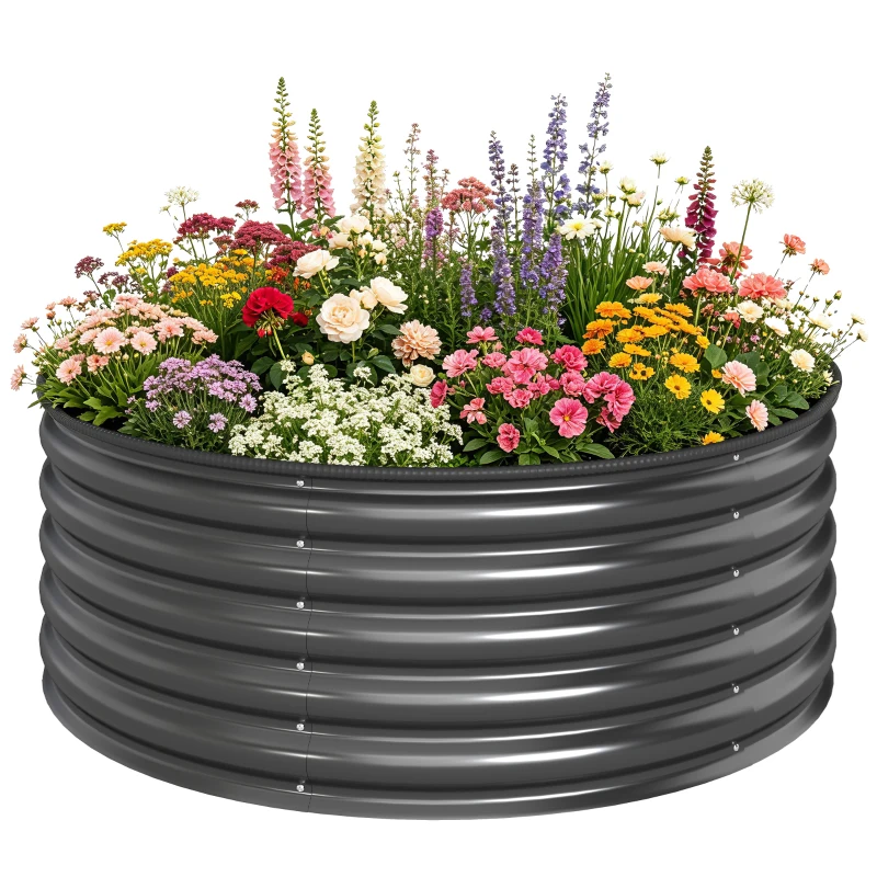 Outsunny Galvanised Raised Garden Bed with Safety Edging, Outdoor Raised Planter Box with Gloves, 120 x 120 x 43cm, Dark Grey
