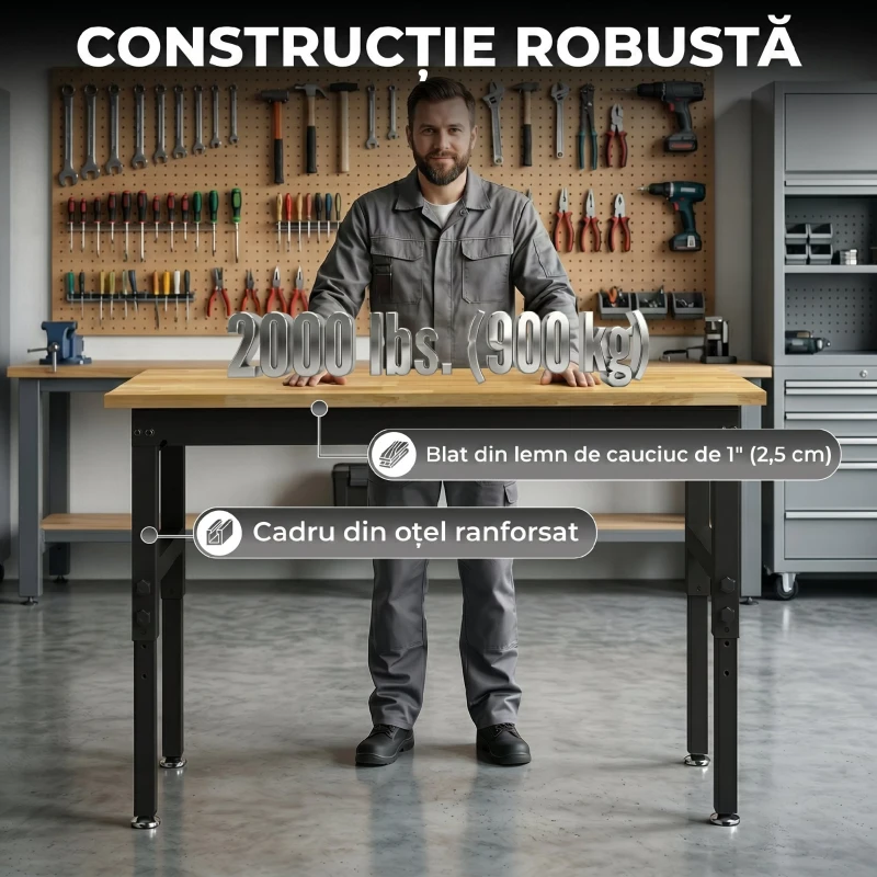 HOMCOM Masă de Lucru Reglabilă 122 cm, Blat Robust din Lemn de Cauciuc, 2 Prize AC și 2 Porturi USB, Panou Perforat, Capacitate 900 kg, pentru Garaj, Atelier și Casă