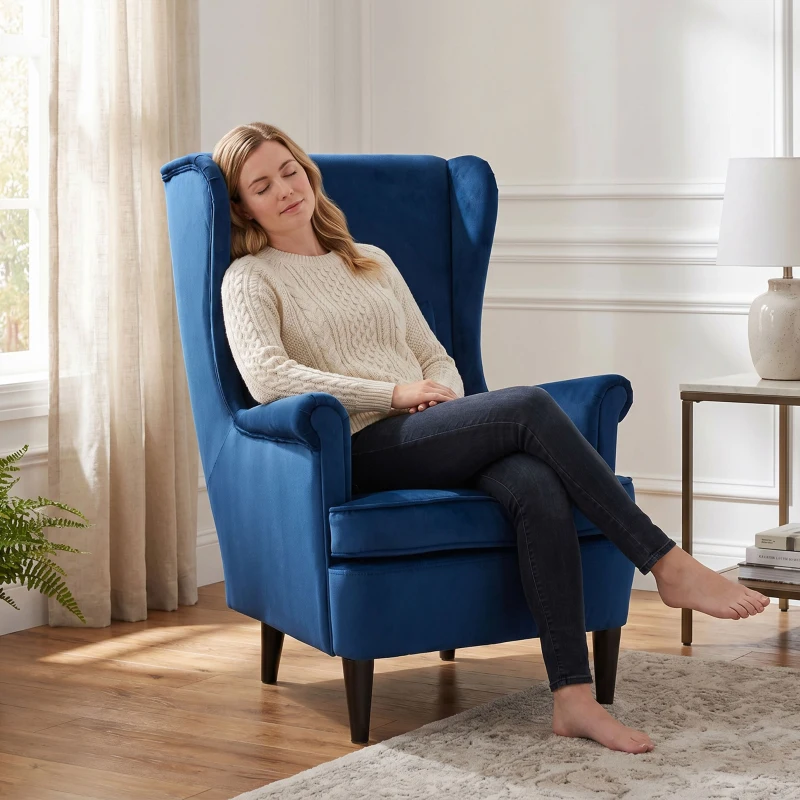 HOMCOM Modern Accent Chair with High Backrest and Pillow, Velvet-Feel Fabric Reading Chair with Solid Wood Legs, Blue