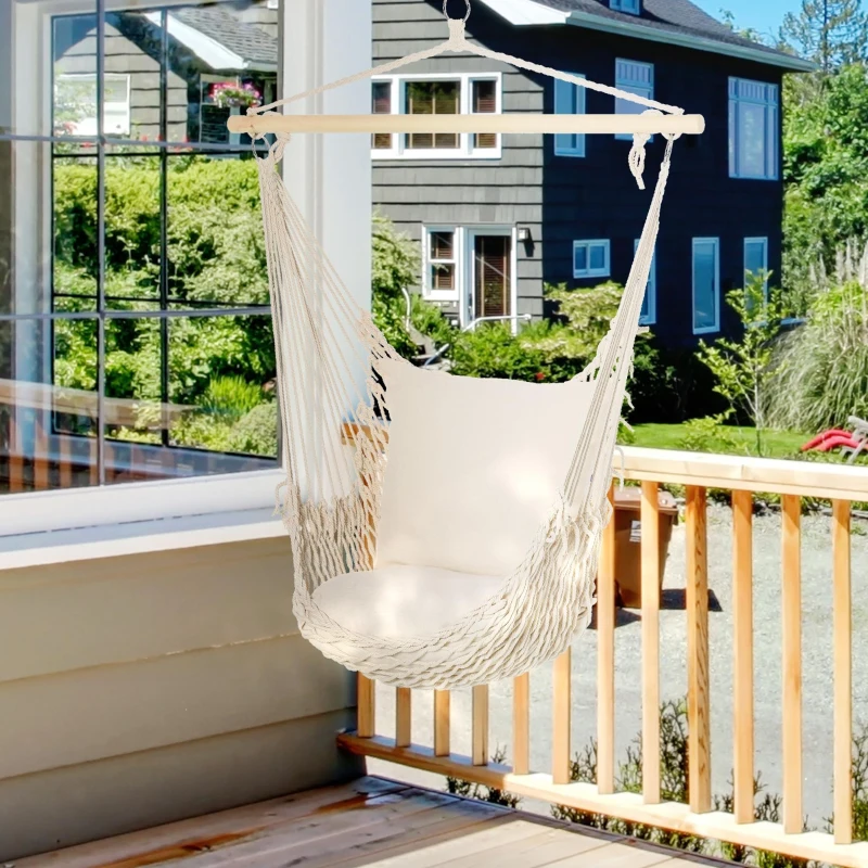 Outsunny Fauteuil suspendu extérieur et intérieur chaise hamac balançoire avec coussins, tissage en coton, charge 120 Kg, blanc