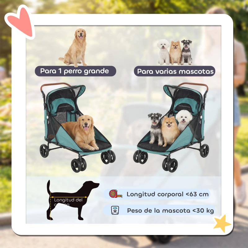 PawHut Carrito para Perros Plegable con un Botón hasta 30 kg con Suspensión en 4 Ruedas Giratorio y Freno de Pie Turquesa