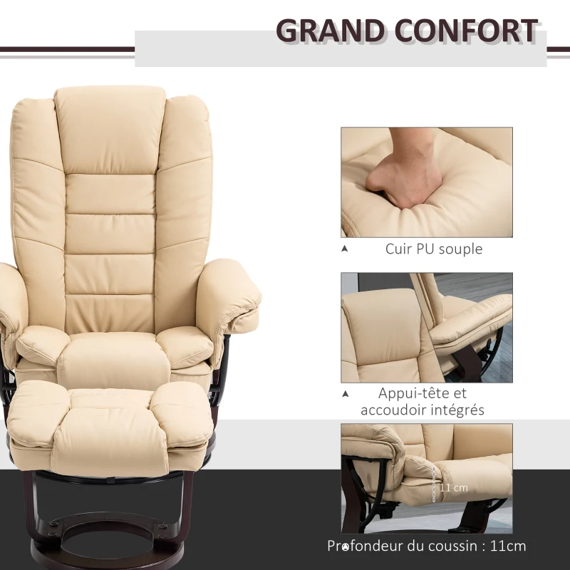 HOMCOM Fauteuil relax inclinable 135° grand confort pivotant 360° avec repose-pieds revêtement PU beige