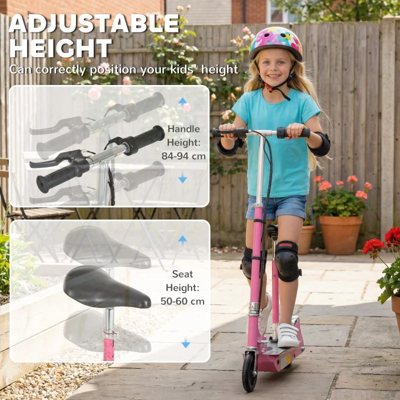 HOMCOM Foldable Powered Scooter with Adjustable Seat, Brake, Pink