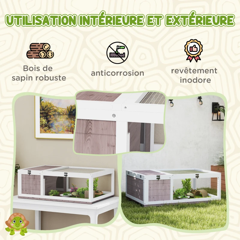 PawHut Maison enclos cage habitat pour petit animal tortues avec 2 espaces 91 x 60,5 x 32 cm bois massif marron clair