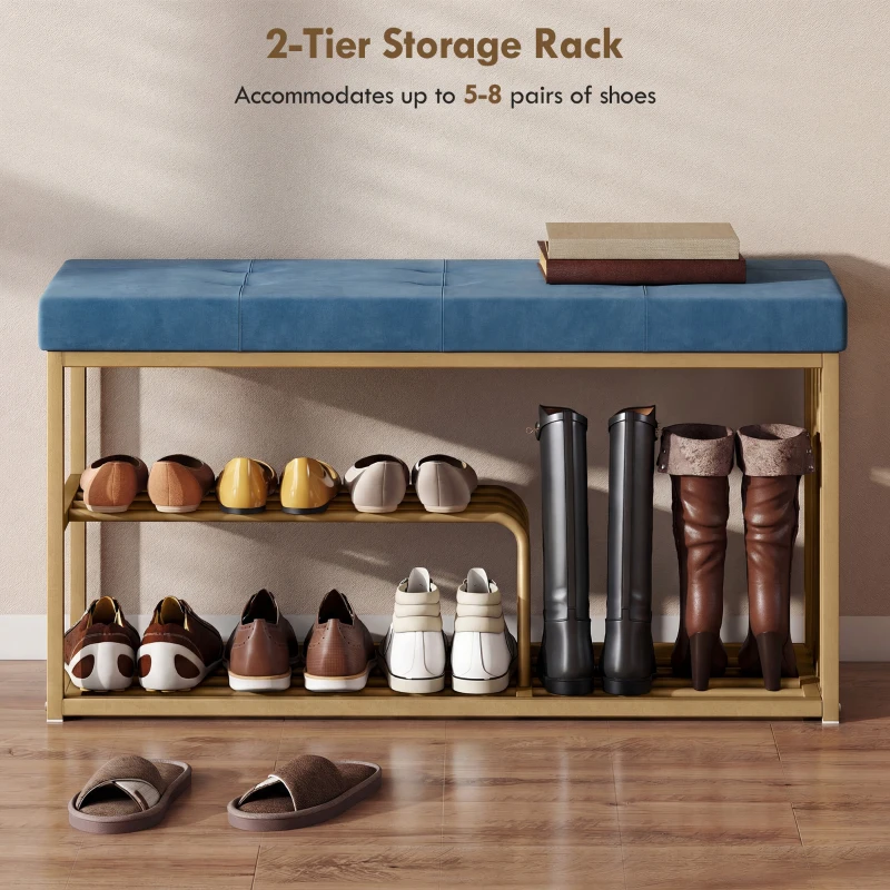 HOMCOM Bench and Shoe Storage, Tufted Shoe Storage Bench with Velvet Seat Cushion Gold Steel Frame for Entryway, Dark Blue