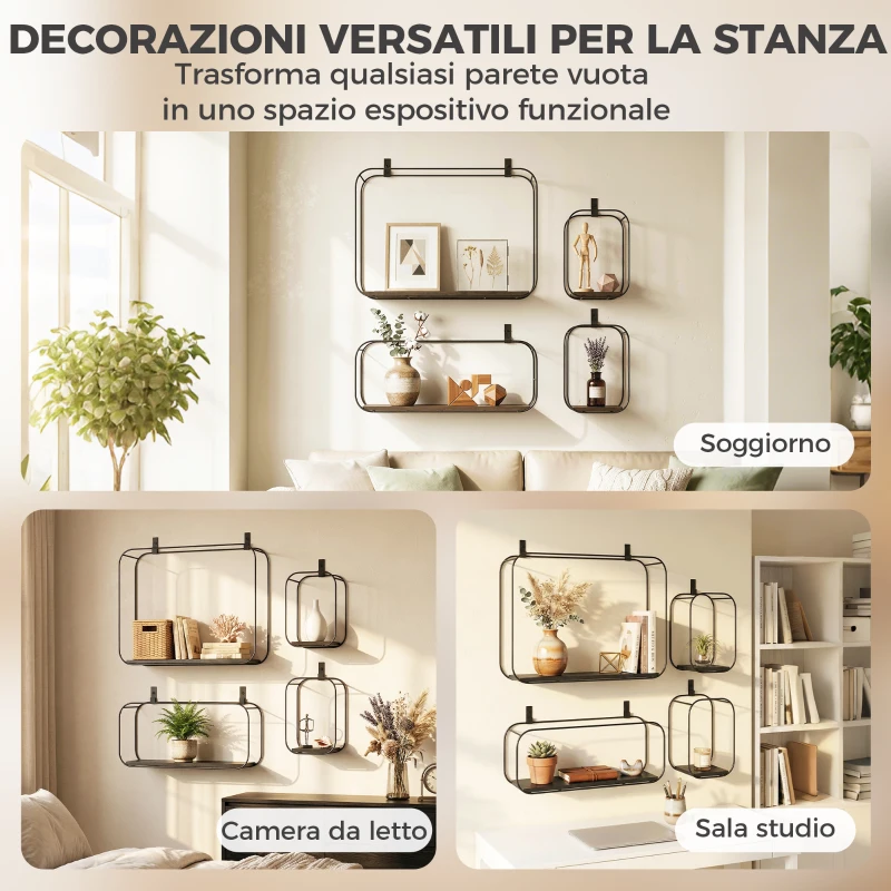 HOMCOM Mensole Flottanti Geometriche per Soggiorno, Set di 4 Pezzi, Nero