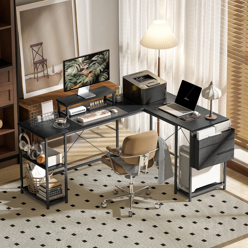 HOMCOM Bureau d'angle modulable réversible 168-240 cm style industriel - étagère réglable, sac de rangement, support d'écran