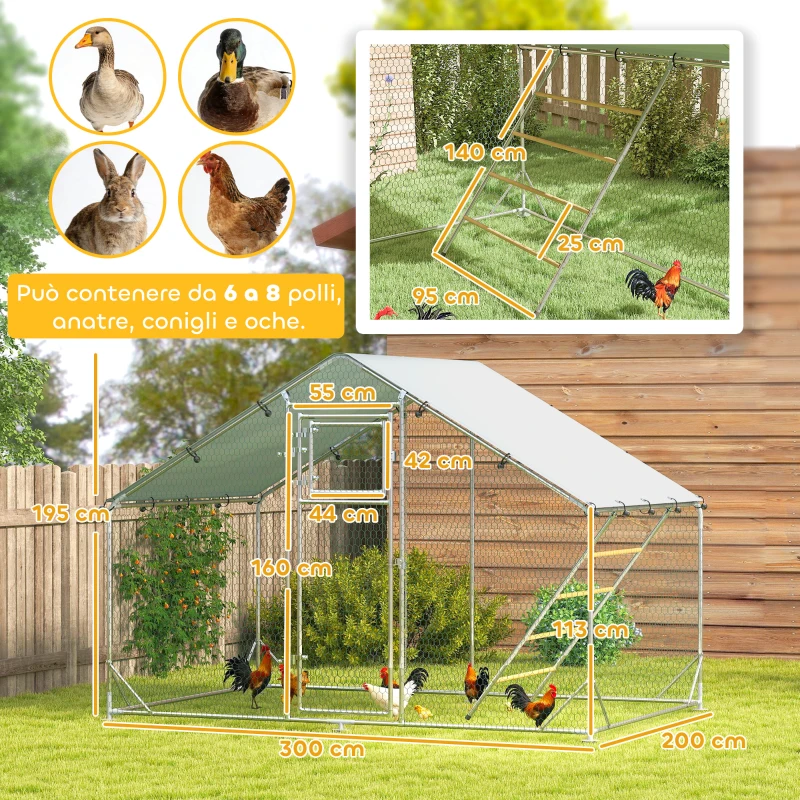 PawHut Recinto per Galline da 6m² per 6-8 Animali con Tetto Impermeabile, Mangiatoia e Posatoio, 3x2x1.9m, Argento