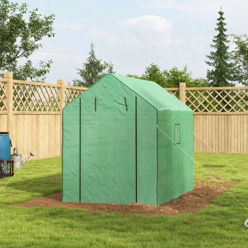 Outsunny Walk-in Greenhouse with 3 Tier Shelves, Outdoor Green House Garden Grow House with Reinforced PE Cover, Roll-up Door and Mesh Windows, 140 x 213 x 190cm, Green
