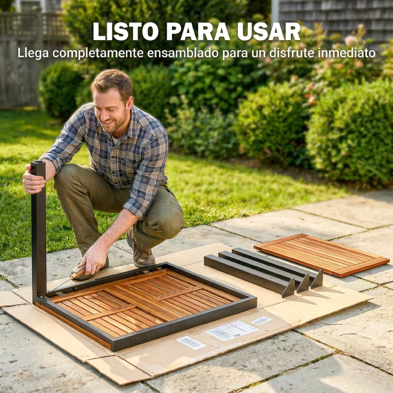 Outsunny Mesa de Jardín Extensible 120/80x70 cm Estructura de Acero y Tablero de Madera de Acacia para 4-6 Personas Natural