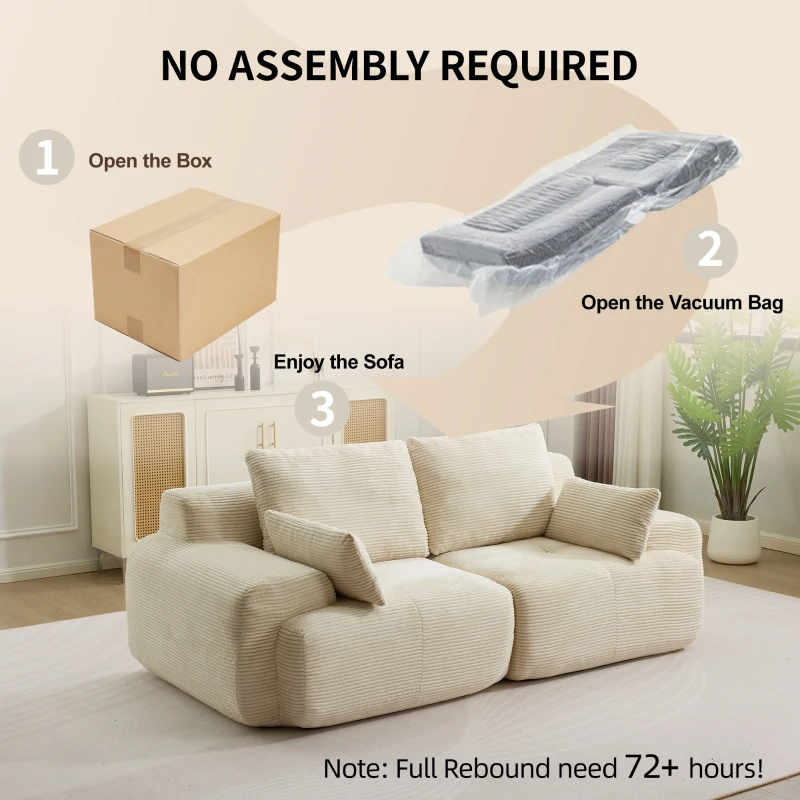 Modernes Sofa aus komprimiertem Memory-Schaumstoff, 2-Sitzer, große Sofagarnitur für das Wohnzimmer, haustierfreundliches modulares Sofagarnitur Cloud, Cordstoff, extra tiefes Sofa, kein Zusammenbau erforderlich, Beige