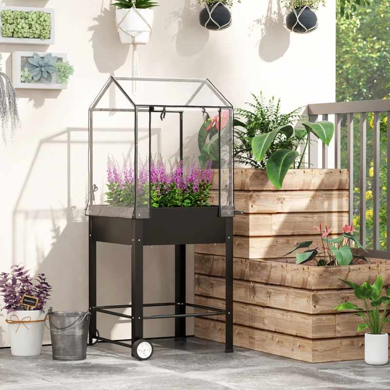 Outsunny Carré potager sur pieds avec bâche en plastique jardinière surélevée avec roues trou de drainage 67 x 69 x 147 cm noir