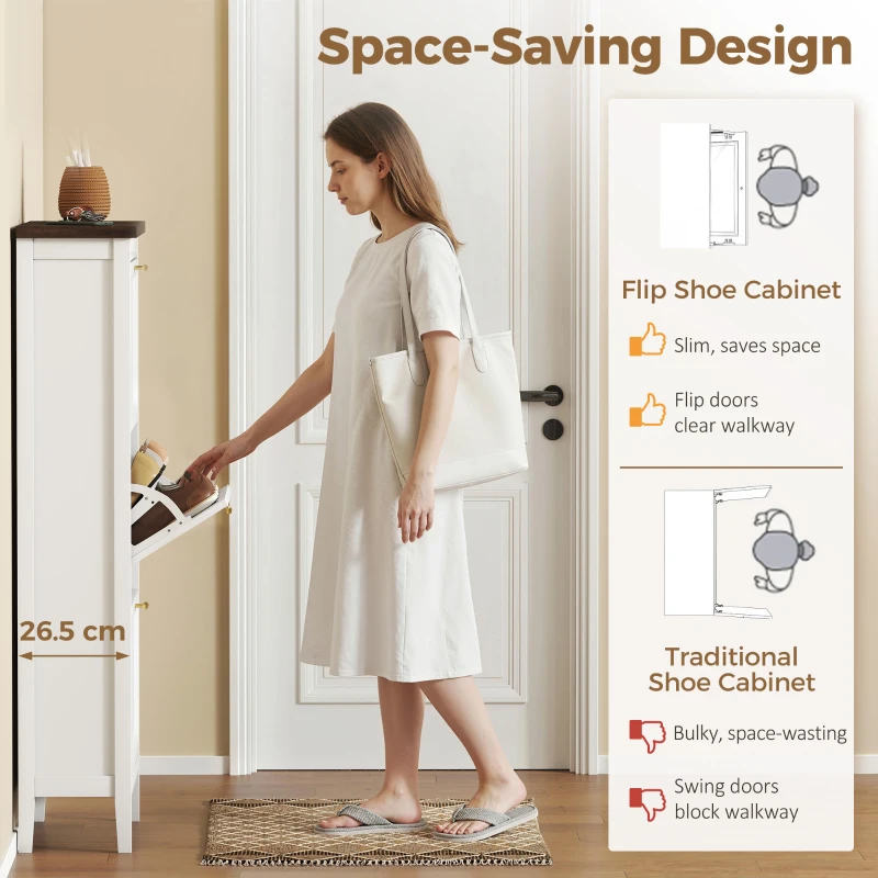 HOMCOM Shoe Cabinet with 3 Flip Drawers, Farmhouse Narrow Shoe Storage Cabinet with Adjustable Shelves, White