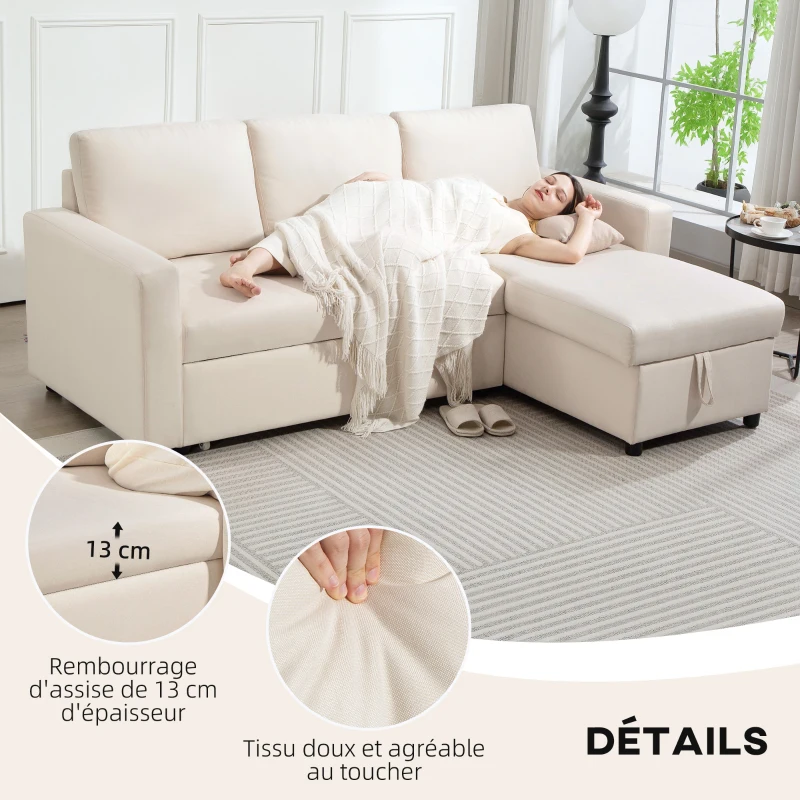 HOMCOM Canapé d'angle convertible modulable avec méridienne réversible, coffre de rangement et 3 coussins de dossier, crème(m-5)