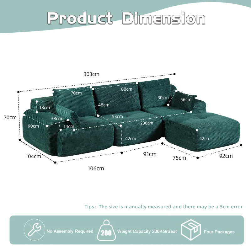 Modernes Sofa aus komprimiertem Memory-Schaumstoff, große Sofagarnitur für das Wohnzimmer, haustierfreundliches modulares Sofagarnitur Cloud, Cordstoff, kein Zusammenbau erforderlich, grün