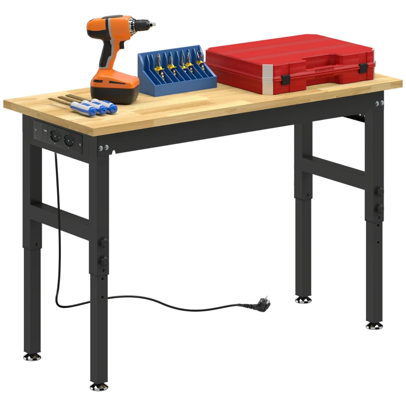 HOMCOM Banco da Lavoro in Legno e Acciaio Altezza Regolabile, 2 Prese AC, Capacità 900 kg, Color Legno e Nero