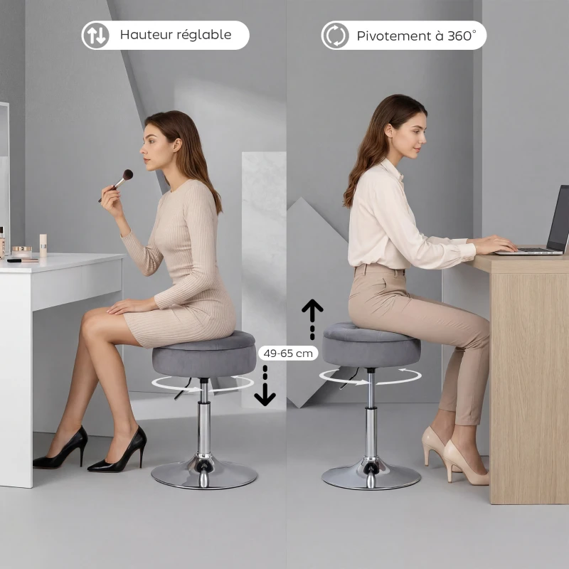 HOMCOM Tabouret de coiffeuse en velours, tabouret de maquillage pivotant avec rangement, hauteur réglable de 49-65 cm, gris