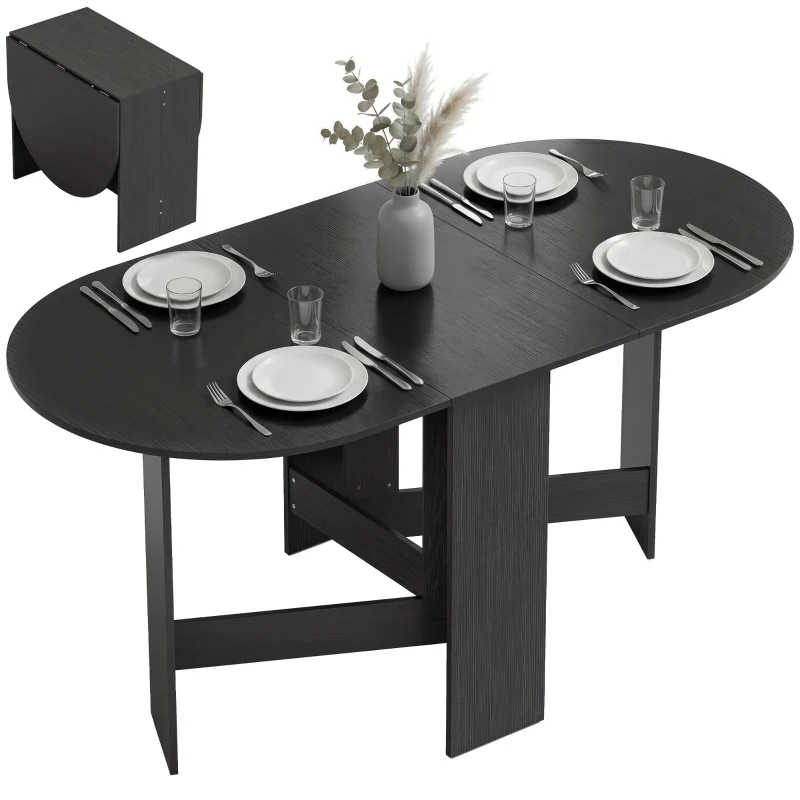HOMCOM Mesa de Cozinha Dobrável com Alas Rebatíveis Mesa de Cozinha Dobrável de Forma Oval Estilo Moderno 163x80x75 cm Preto