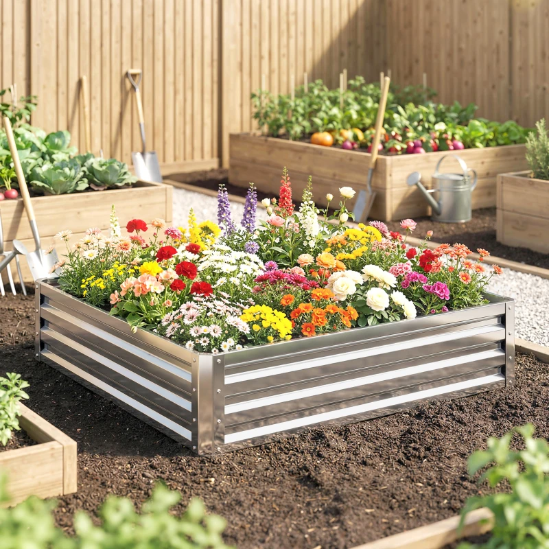 Outsunny Square Raised Garden Bed Box with Weatherized Steel Frame for Vegetables, Flowers, & Herbs, 120 x 120 x 30cm, Silver Tone