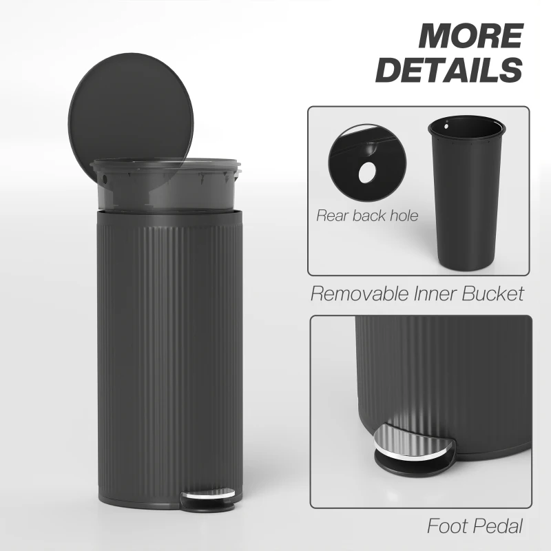 HOMCOM Kitchen Bin, 30 Litre Pedal Rubbish Bin with Removable Bucket, Black