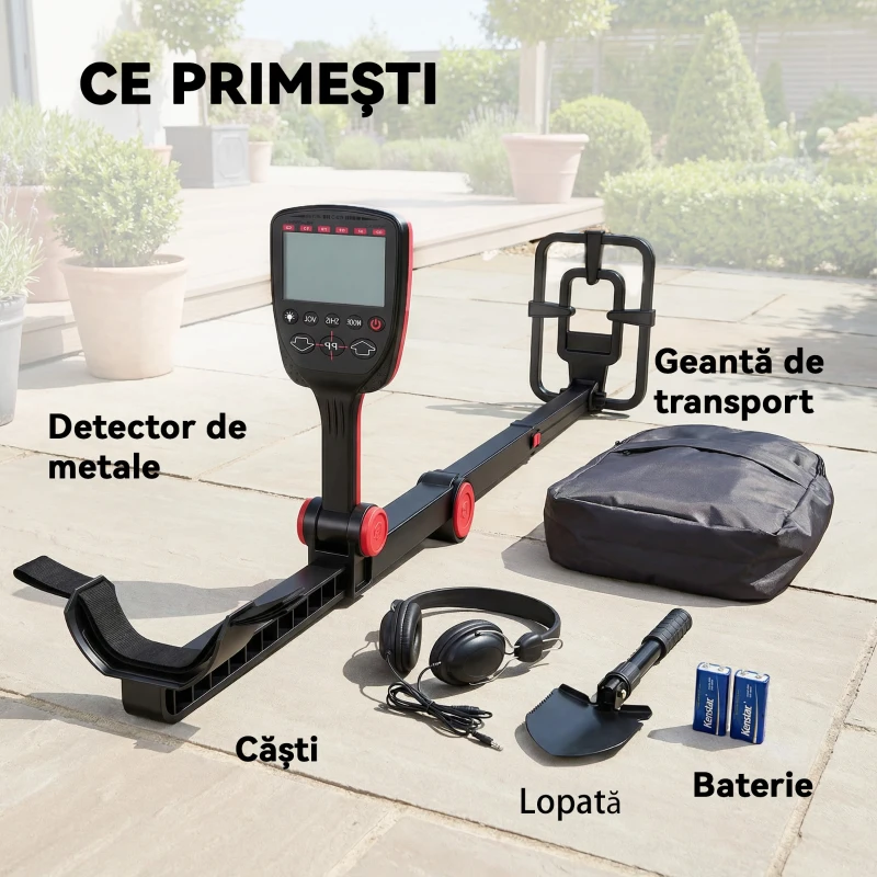 Outsunny Detector de Metale Pliabil pentru Adulți, Detector de Metale Aur Impermeabil IP68 cu Bobină, Display LCD, 4 Moduri, Geantă, Lopată, Căști, Tijă Telescopică Reglabilă, pentru Plajă și Grădină