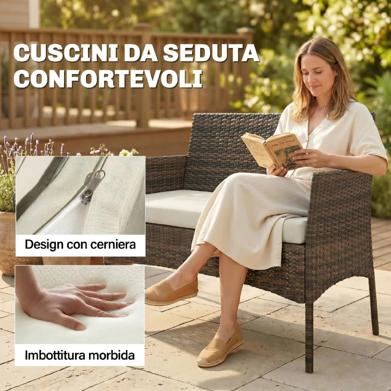 Outsunny Set da Giardino 4 Pezzi con Divano 2 Posti, 2 Sedie e Tavolino Basso, in Rattan e Acciaio, Beige e Marrone