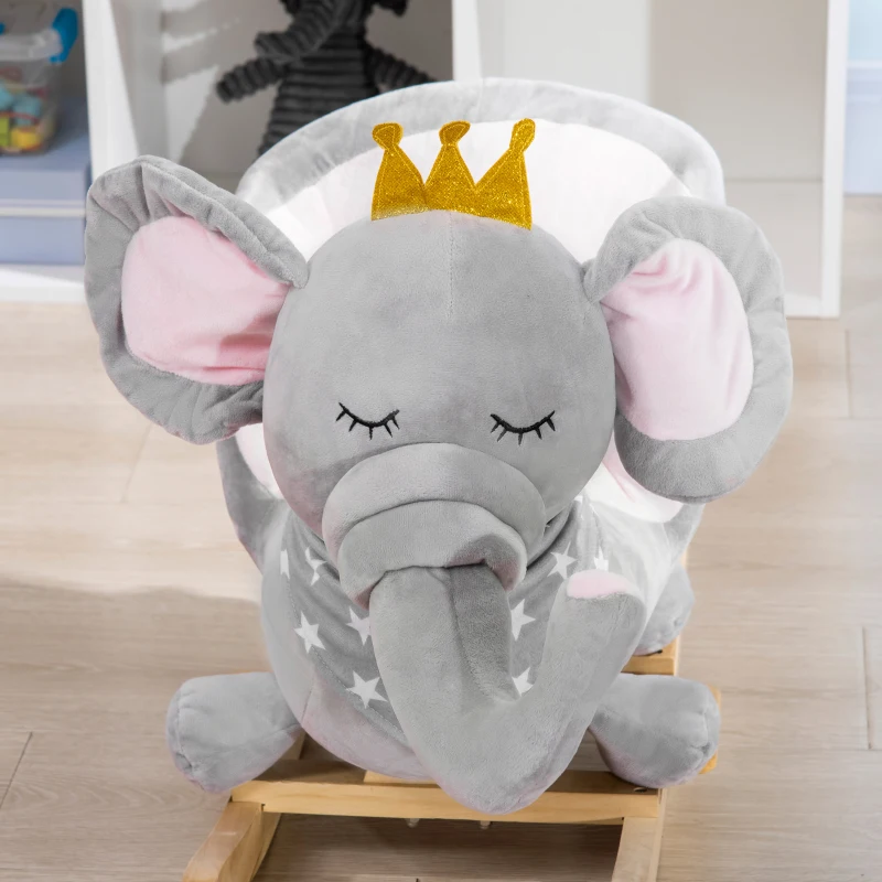 HOMCOM Kids Elephant-Designed Rocking Horse, with Safety Belt, Wooden Base, for Ages 18-36 Months - Grey