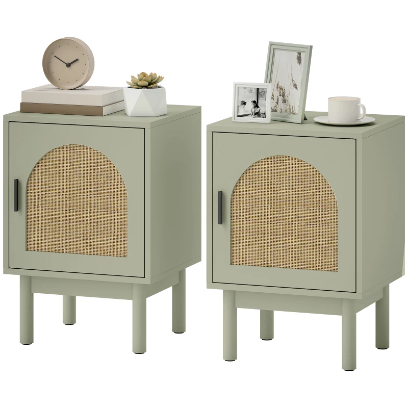 HOMCOM Set of 2 Rattan Bedside Tables, Boho Nightstands with Solid Wood Legs and Storage Cabinet for Living Room, Bedroom, Accent End Side Table, Light Green