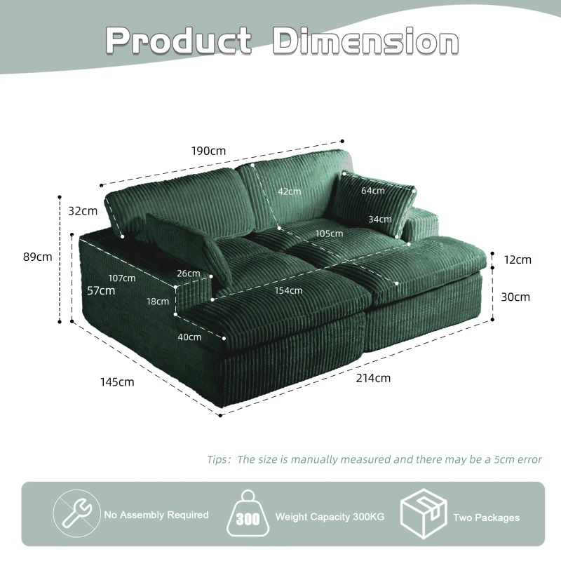 Doppelsitzer-Chaiselongue-Schlafsofa, modulares Design mit ausziehbarem Schlafteil, platzsparend, 214x145x89 cm, Grün