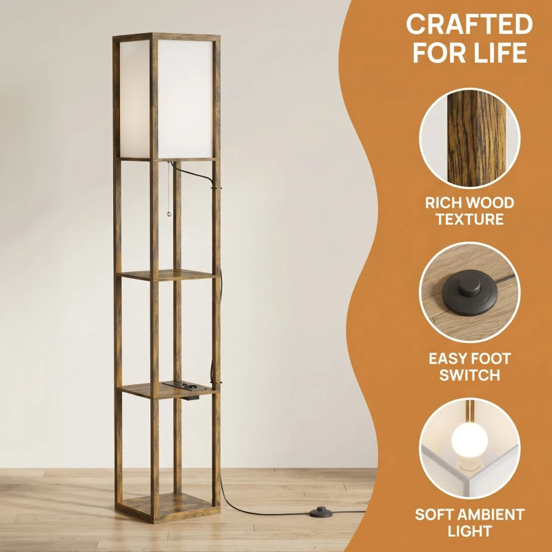 HOMCOM LED staande lamp met planken, vloerlamp met voetschakelaar en USB-poorten, instelbare kleurtemperaturen, rustiek bruin