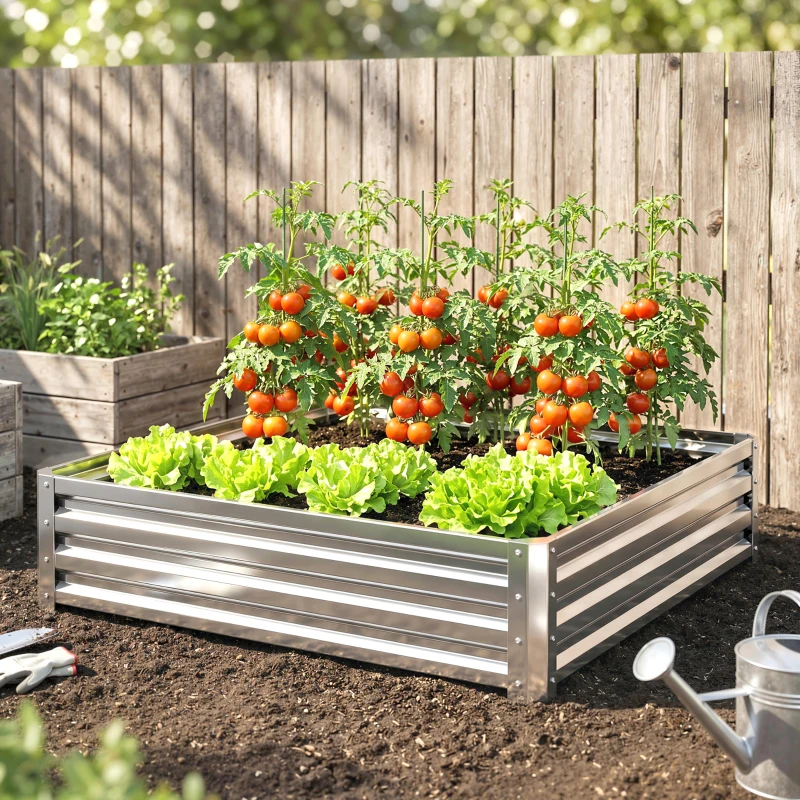 Outsunny Square Raised Garden Bed Box with Weatherized Steel Frame for Vegetables, Flowers, & Herbs, 120 x 120 x 30cm, Silver Tone