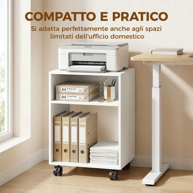 HOMCOM Mobile Porta Stampante in Legno con Ruote a Freno e 2 Scomparti Aperti, 40x35x55 cm, per Ufficio Studio, Bianco