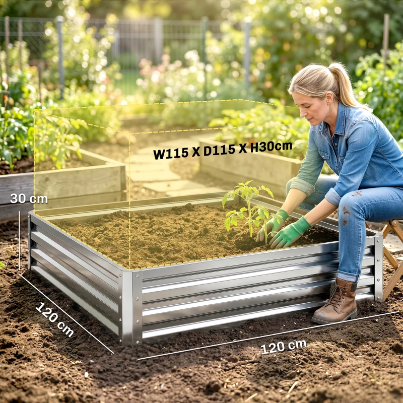 Outsunny Square Raised Garden Bed Box with Weatherized Steel Frame for Vegetables, Flowers, & Herbs, 120 x 120 x 30cm, Silver Tone