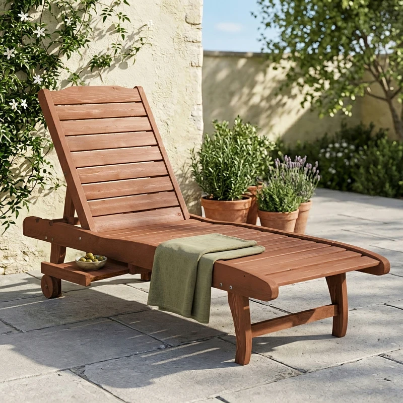 Outsunny Outdoor Wooden Lounger Chair, Sun Bed with Built-In Table, Adjustable Backrest and Wheels, Red Brown
