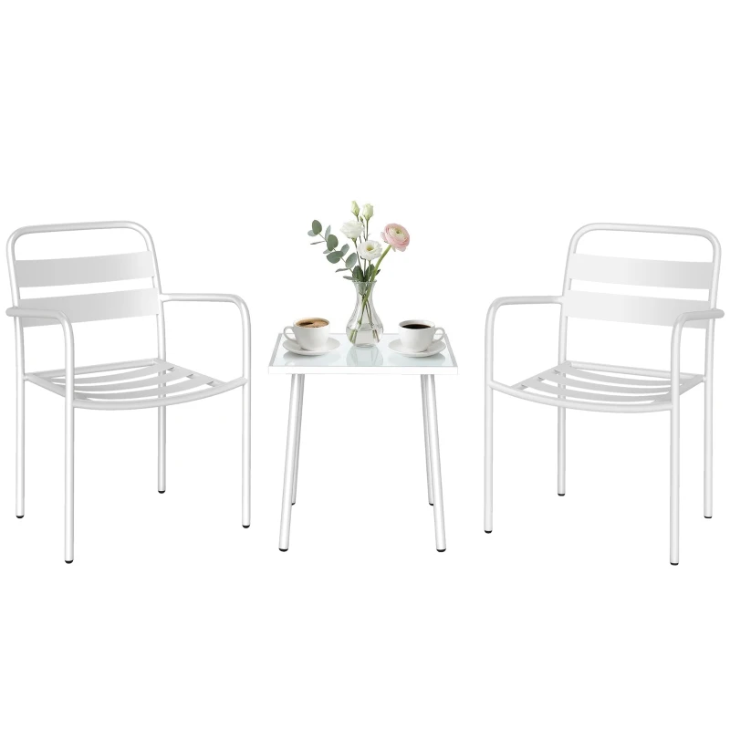 Outsunny Set Bistrò 3 Piese din Oțel Galvanizat, Set de Grădină cu 2 Scaune și Masă din Sticlă Temperată, Mobilier Exterior pentru Terasă, Balcon, Alb