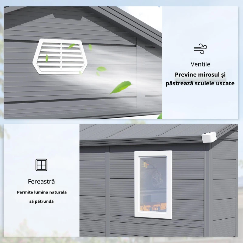 Outsunny Casa de grădină cu fereastră de ventilație, plastic și metal, 240 x 190 x 180/228 cm, Gri
