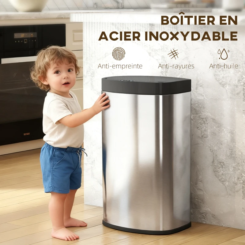 HOMCOM Poubelle cuisine automatique 55L en acier inoxydable, poubelle à couvercle à fermeture en douceur, 38x28,5x69cm, argent