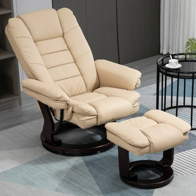 HOMCOM Fauteuil relax inclinable 135° grand confort pivotant 360° avec repose-pieds revêtement PU beige