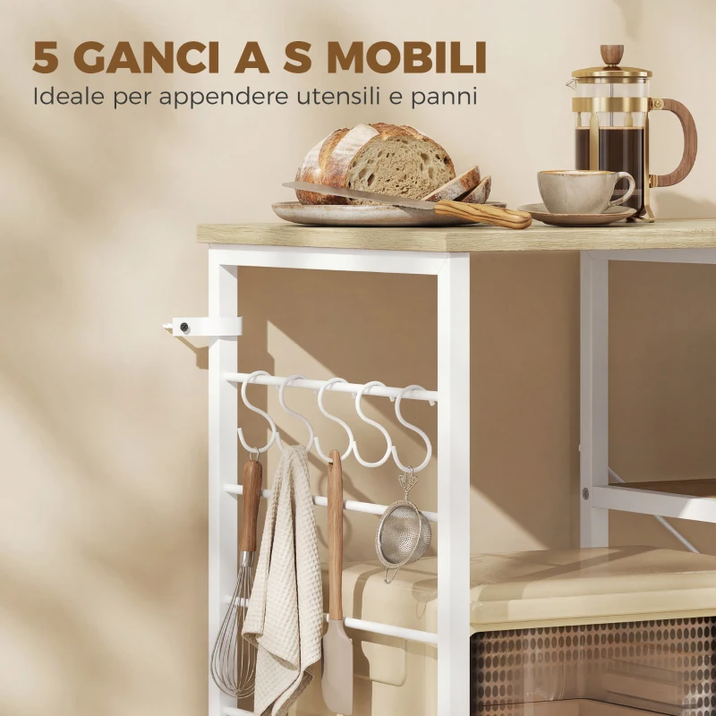 HOMCOM Scaffale Cucina con Ripiani in Legno e Metallo con 5 Ganci, Salvaspazio, 90x39x83.5 cm, Rovere