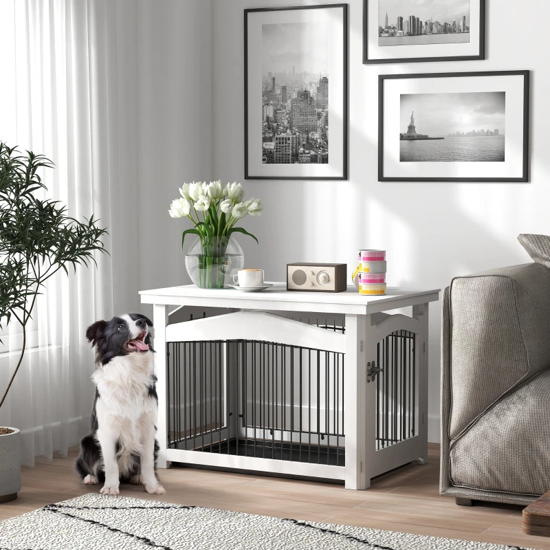 PawHut Cage pour chien 3 en 1 table d'appoint parc pour chien plateau amovible pour chien moyenne 82,5 x 57,5 ​​x 59,5 cm blanc