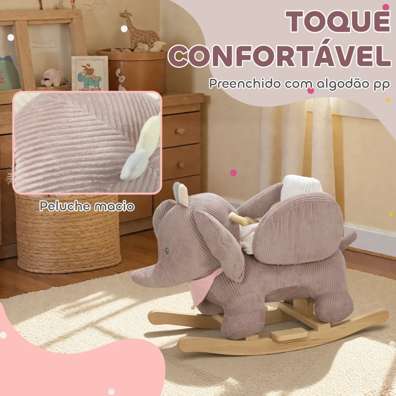 AIYAPLAY Cavalo Baloiço para Bebés com Som de Elefante e Cinto de Segurança de 3 Pontos Base em Madeira de Álamo 65x35x50 cm Castanho