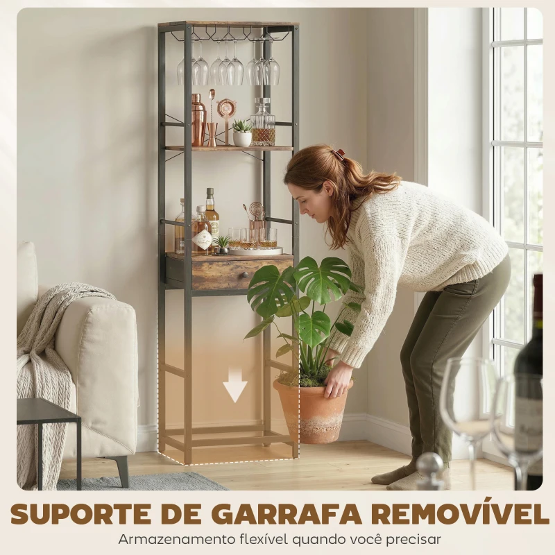 HOMCOM Móvel de Bar para Vinhos com Suporte de Copos e Gaveta Garrafeira para 12 Garrafas com Prateleira Aberta Castanho Rústico
