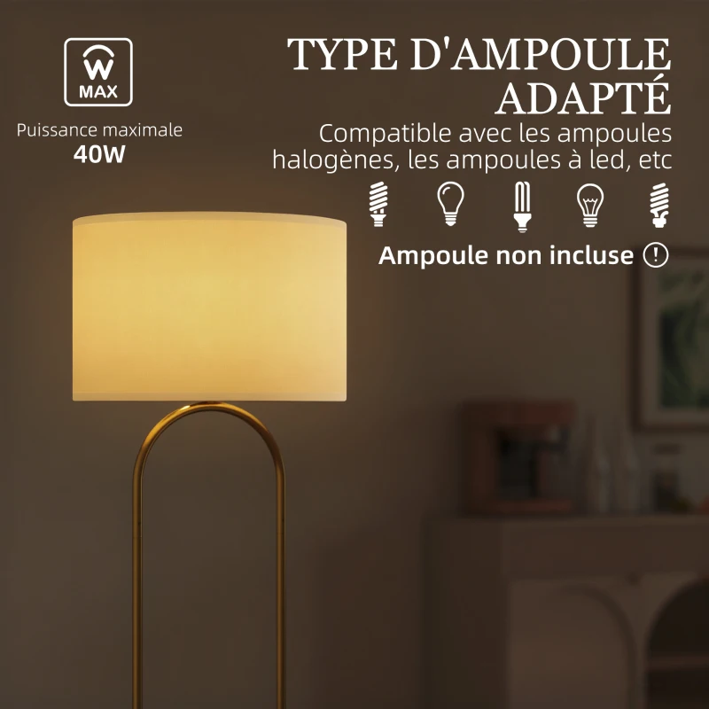 HOMCOM Lampadaire abat-jour en lin douille E27 style moderne interrupteur à pied pour salon et chambre 156 cm doré et noir