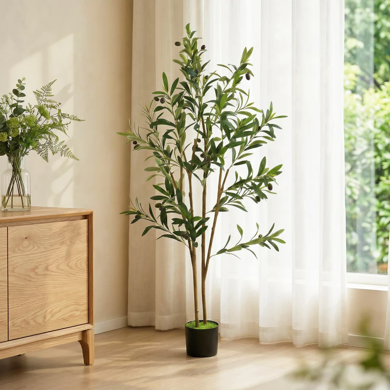 HOMCOM Decorative Artificial Plant, 120 cm Silk Olive Tree with 303 Leaves in Cement Pot, Fake Plant