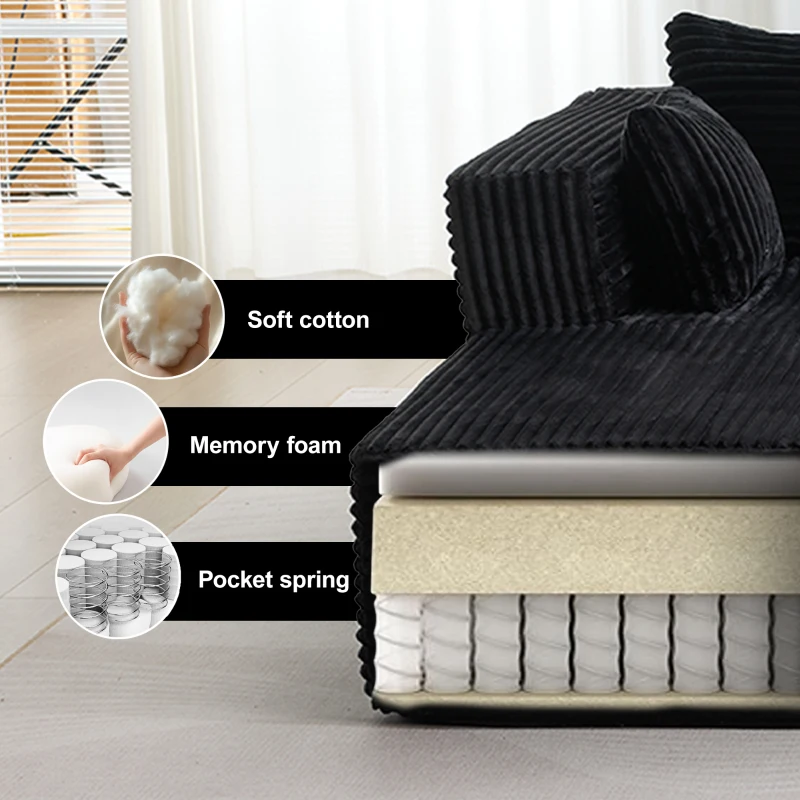 Kompressions-Sofagarnitur mit bequemer Chaiselongue, knochenloses L-förmiges Sofa mit tiefem Sitz, minimalistische modulare Sofas zum Schlafen für Wohnzimmer, Schlafzimmer, Apartment, Lounge, Cord, Schwarz