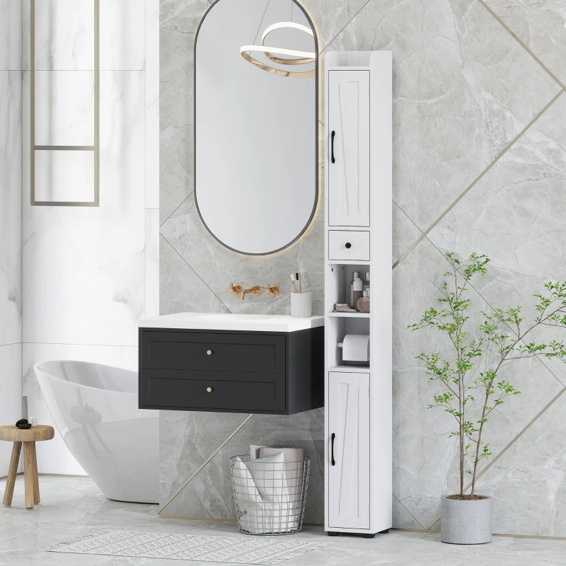 HOMCOM Armoire salle de bain haute, meuble de rangement colonne, 2 portes, tiroir, étagères réglables, 20x20x185cm, blanc