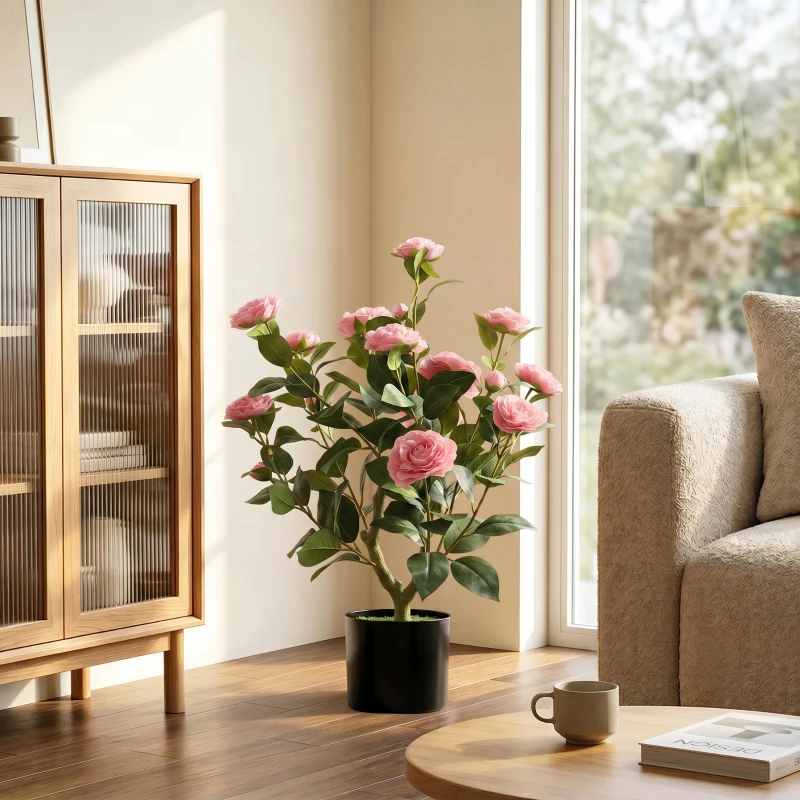 HOMCOM 65cm Artificial Camellia Flower Plant in Pot with 116 Lush Leaves & Moss Effect, Pink