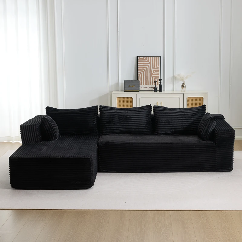 Kompressions-Sofagarnitur mit bequemer Chaiselongue, knochenloses L-förmiges Sofa mit tiefem Sitz, minimalistische modulare Sofas zum Schlafen für Wohnzimmer, Schlafzimmer, Apartment, Lounge, Cord, Schwarz